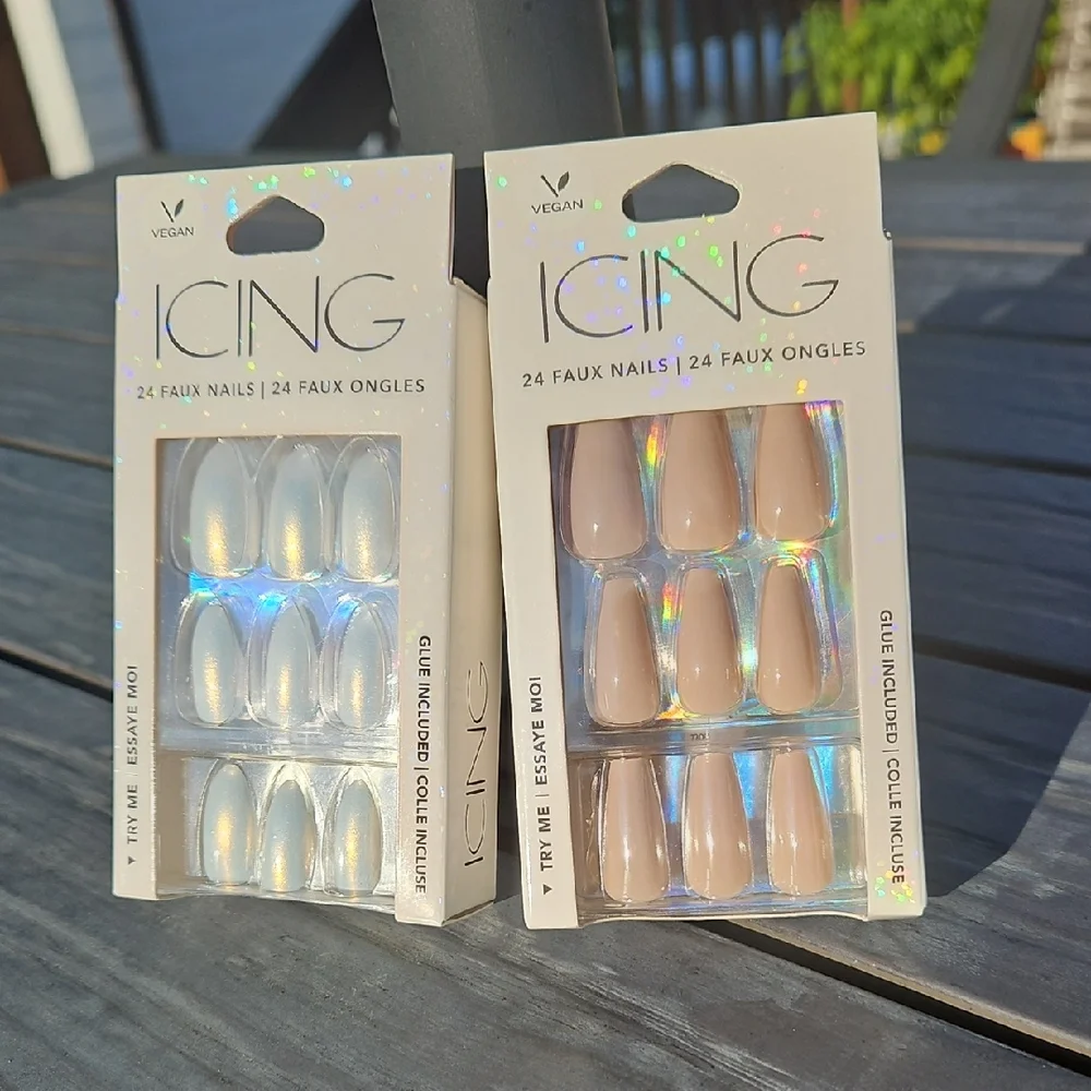 2pc Nail Set, Icing Vegan Faux Nails - Pearl White and Nude Color With Glue